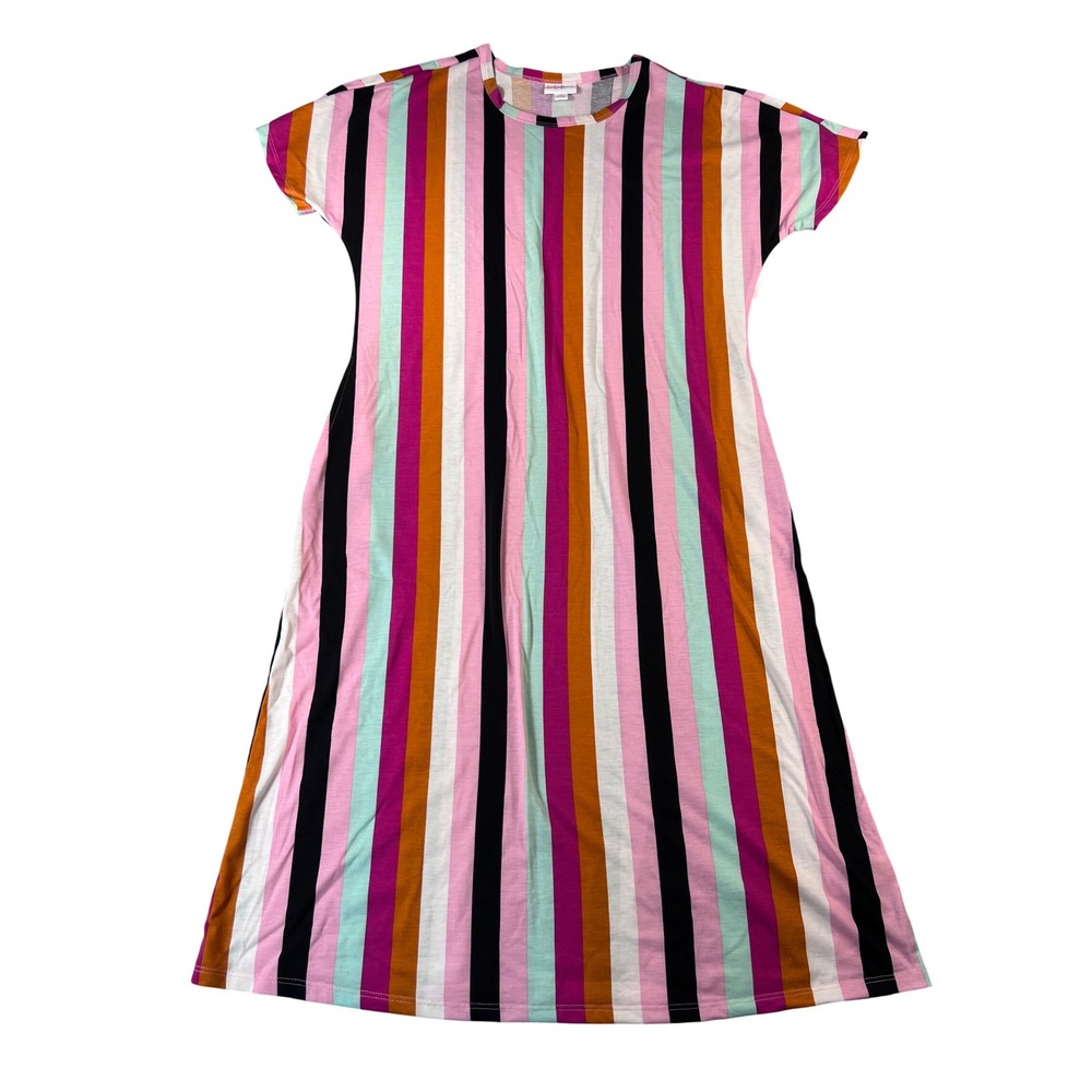 LuLaRoe Marly Dress Womens Medium Pink Orange Striped Short Sleeve Midi NWT
